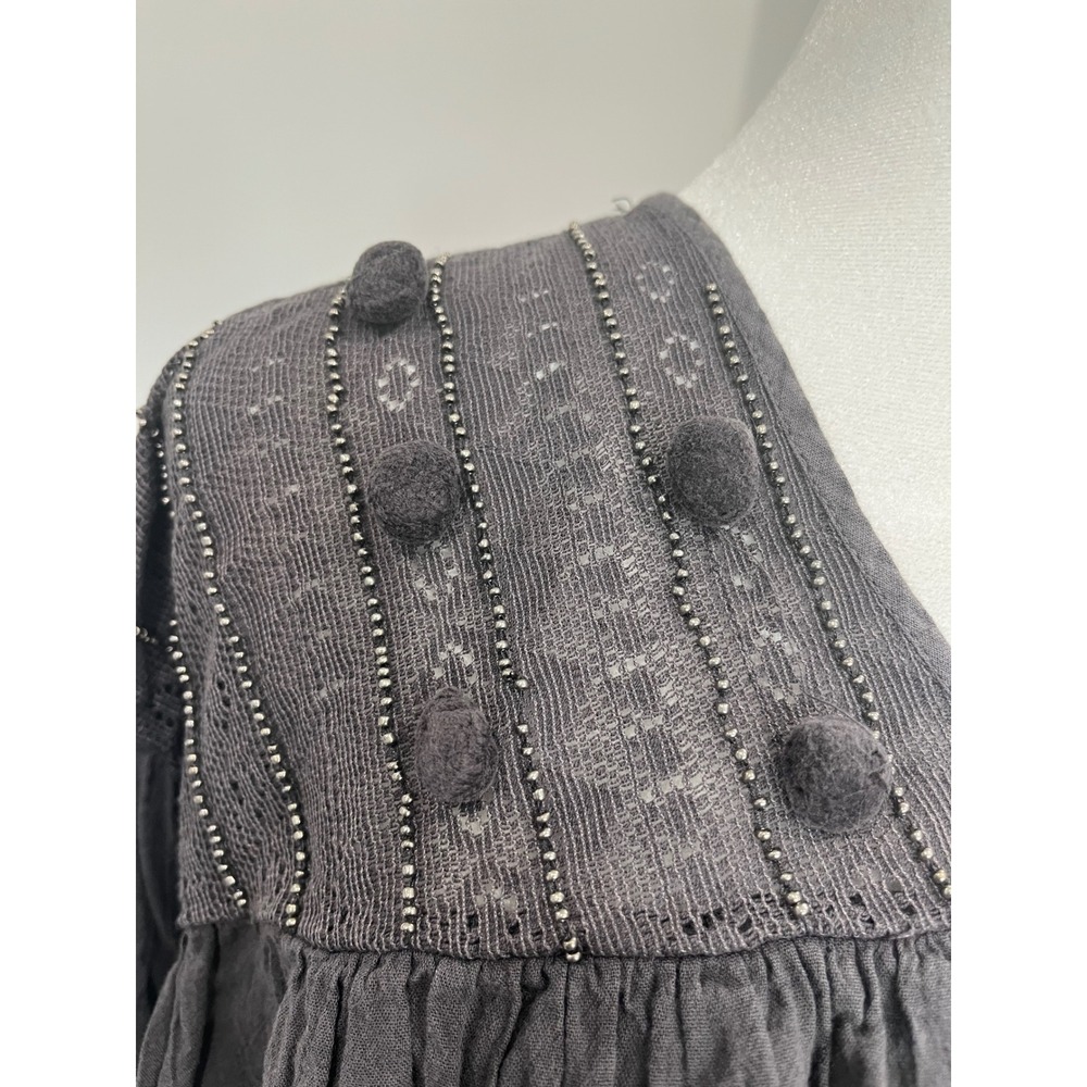 ZARA TRF Collection Gray Long Sleeve Boho Pom Pom Beaded Button Up Blouse Top - Picture 2 of 11
